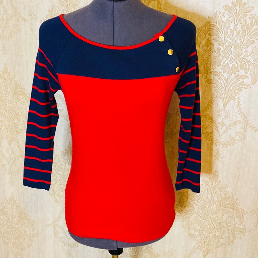 Ralph Lauren Red & Navy Nautical Gold Button Top S - Picture 2 of 7